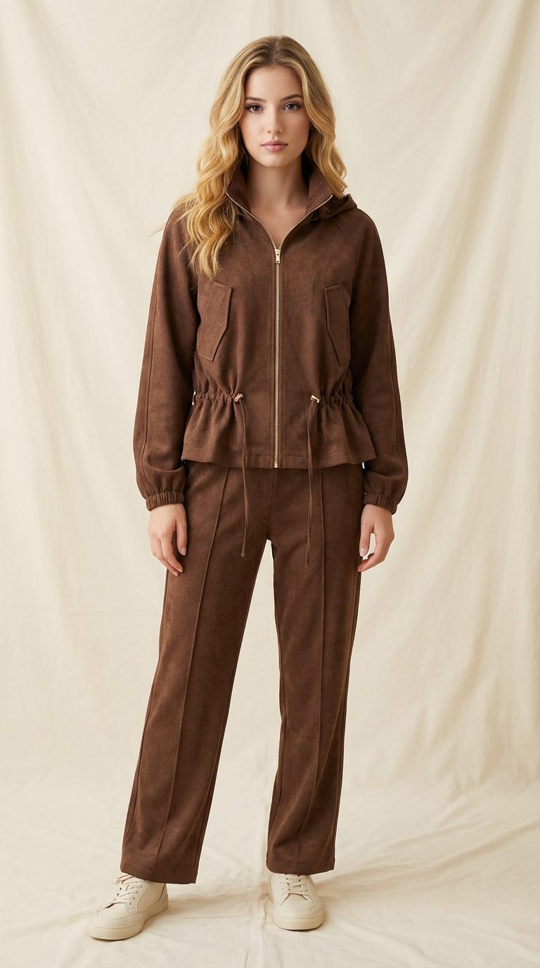 Conjunto feminino de suede com capuz para revenda no atacado